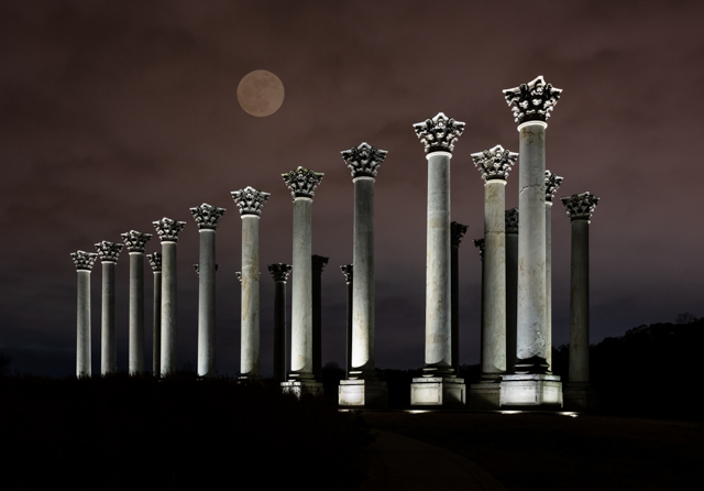 Sunset and Moonrise Over The Capitol Columns at the National Arboretum