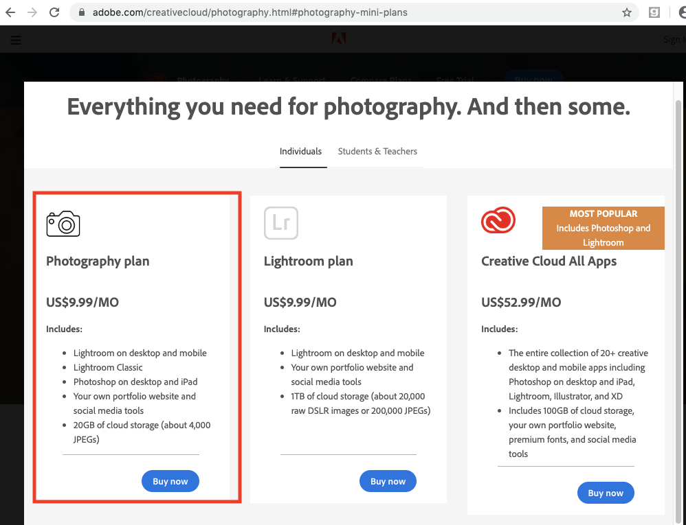 adobe photography plan customer service