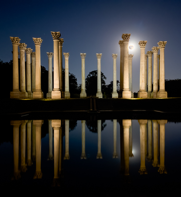 Sunset and Moonrise At The Capitol Columns At National Arboretum-George Bradshaw