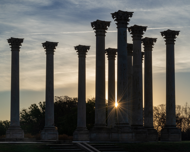 Moonset and Sunrise Over Capitol Columns At National Arboretum-Lyn Miller